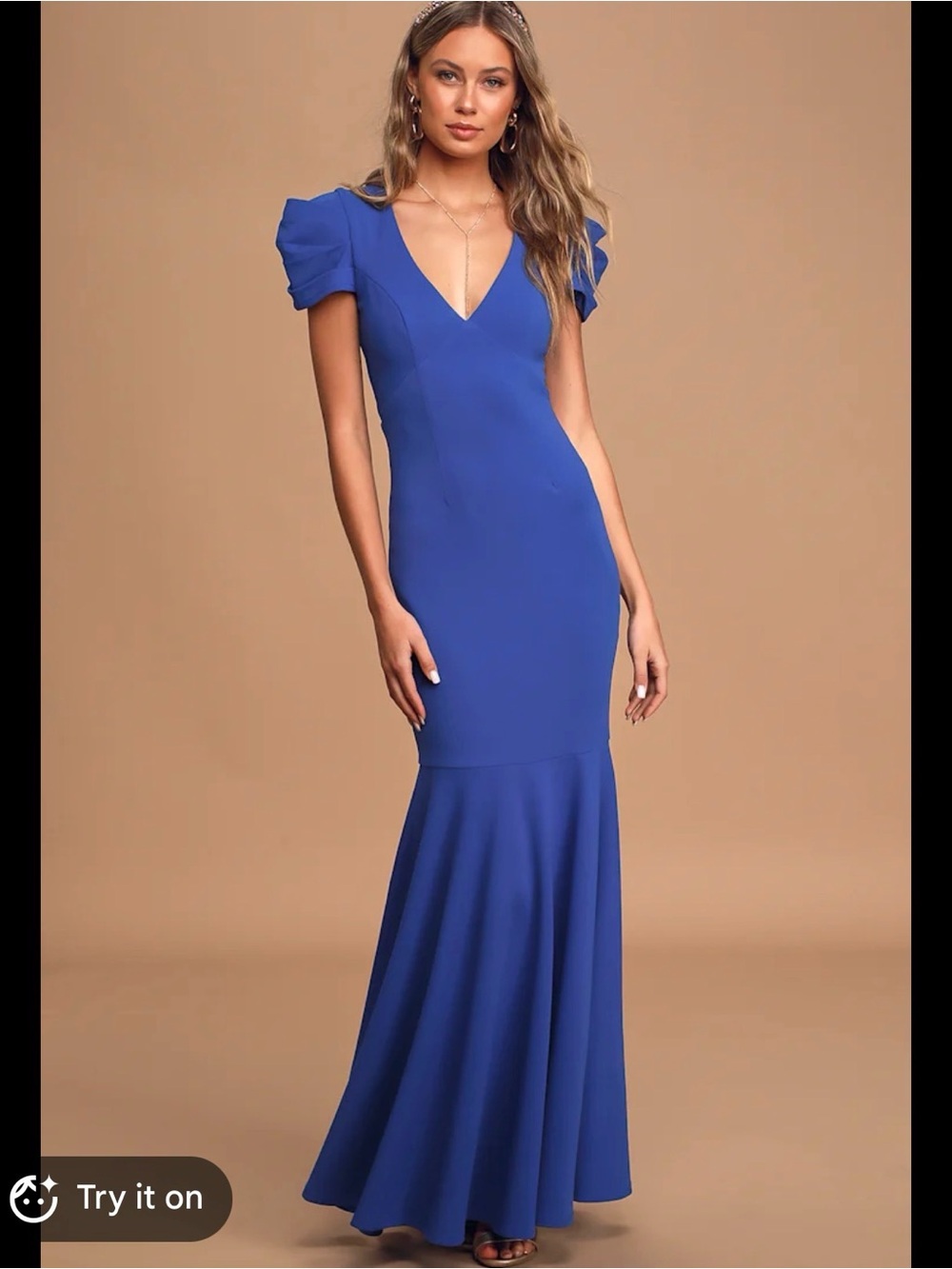 Lulu's Cobalt Blue V-Neck Puff Sleeve Mermaid Maxi Dress event gown